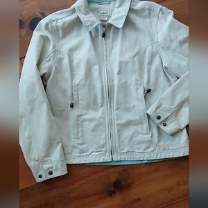 Vtg LL Bean Womens Field Full Zip Cotton Jacket Size L Beige Teal .